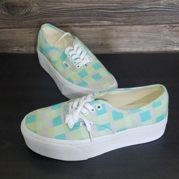 New Vans‎ Authentic Pastel Plaid Green Platform Shoes Festival Summer Casual Fun - Picture 2 of 9